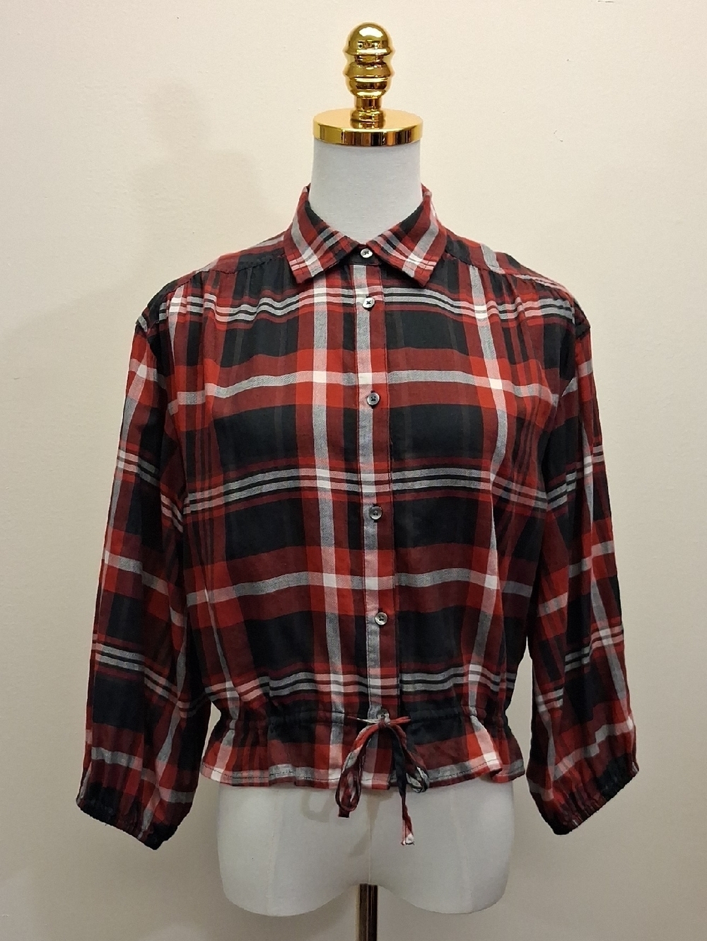 GAP Red Black Plaid Button Up Shirt Drawstring Hem Long Sleeve Size XS